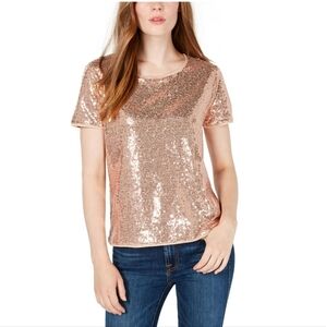 Maison Jules Champagne Gold Sequin Short Sleeve Top NWT